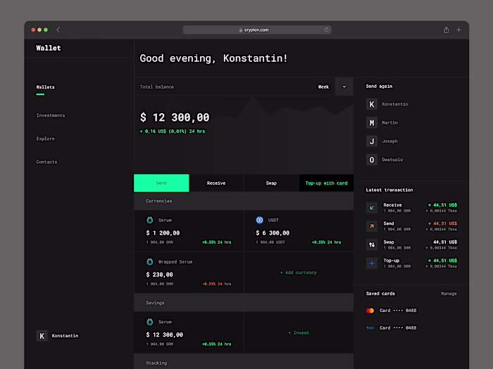 Crypto Wallet UI Exploration — Main screen