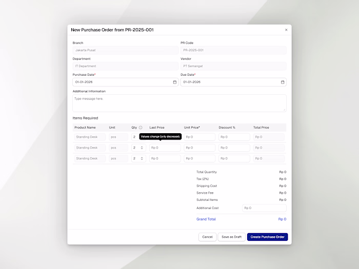 Designed an ERP procurement modal