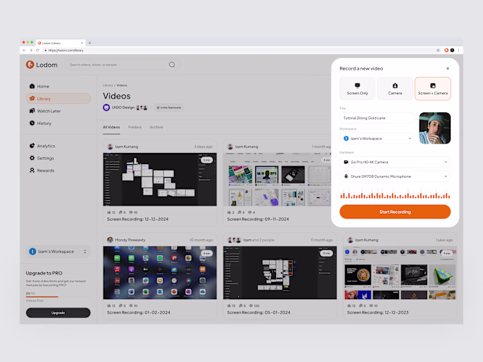 Lodom Screen Recorder - Dashboard Dropdown