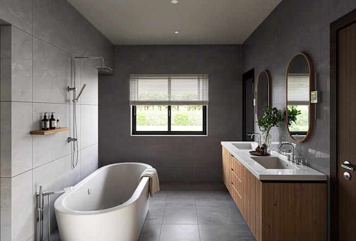 A refined contemporary bathroom blending warm timber, natura...