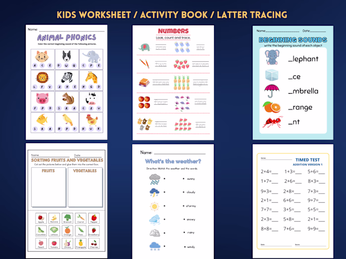 KIDS WORKSHEET, ACTIVITY BOOK, LATTER TRACING, COLORING 