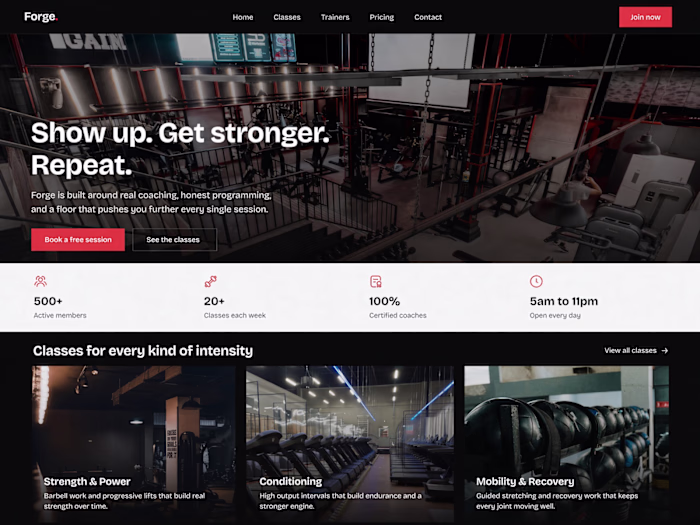 Forge gym template. Dark floor. Clean type. Built to convert...