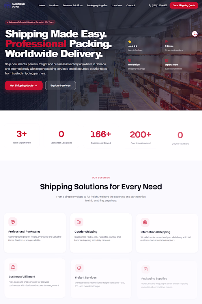 Packaging Depot Edmonton's existing homepage