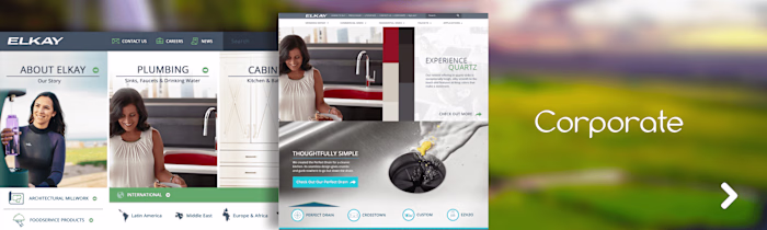 Elkay's digital properties displaying manufacturing products.
