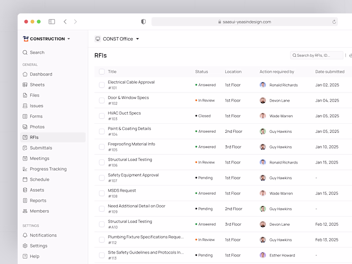 RFIs UI – Construction Management SaaS Web App