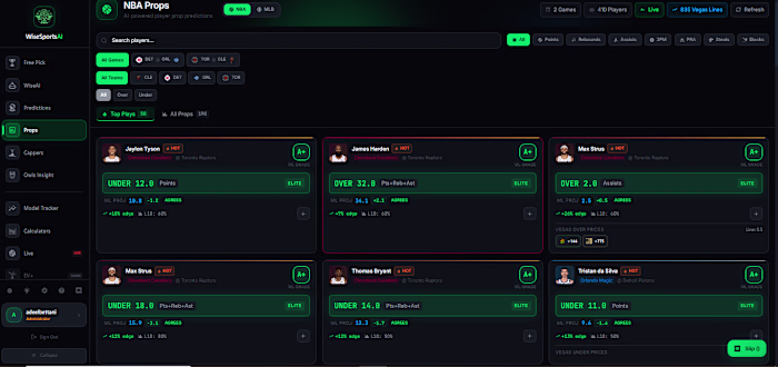 NBA player props view with
