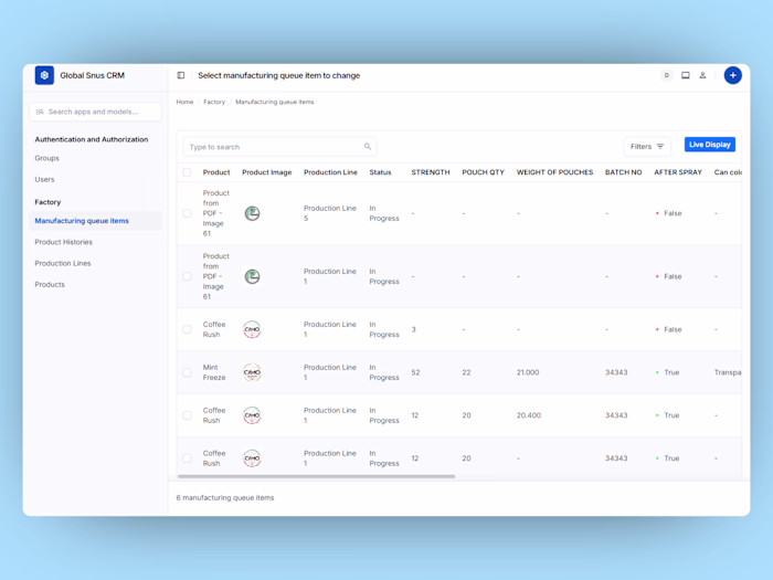 Global Snus CRM — Manufacturing & Production Tracking System