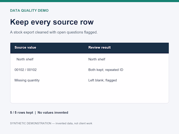 Stock export cleanup and issue log (synthetic demo)