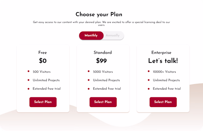 A pricing plan screen UI