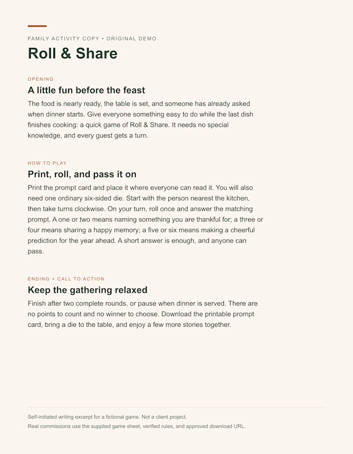 Roll & Share - friendly family activity writing sample
