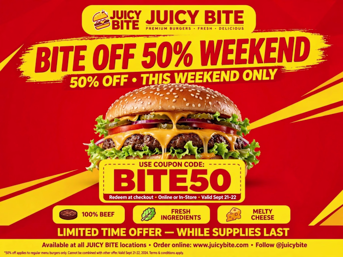 JUICY BITE 50% OFF weekend promo flyer. Bold red and yellow ...
