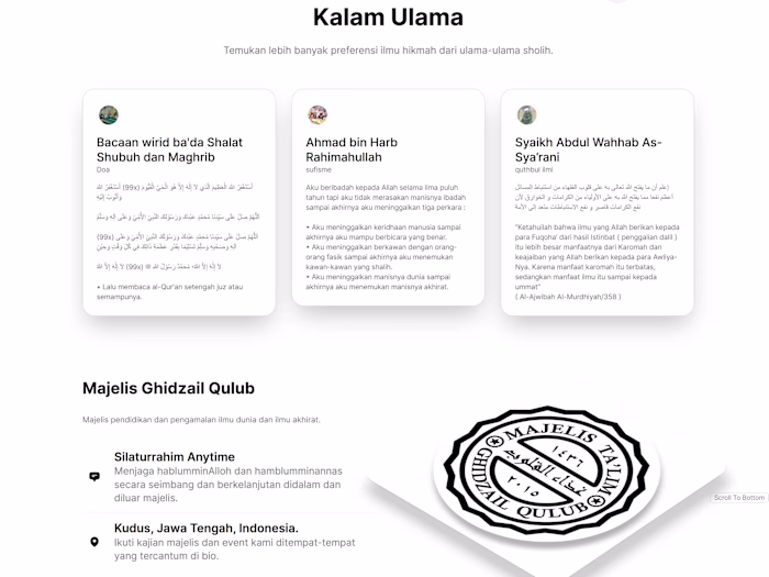 The main page of Majelis Ta'lim Ghizail Qulub web application.