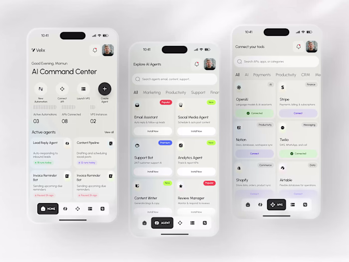 Velix - AI Agent & Automation SaaS Mobile App Design