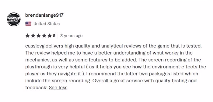 Reviews of clients whose games I Playtested