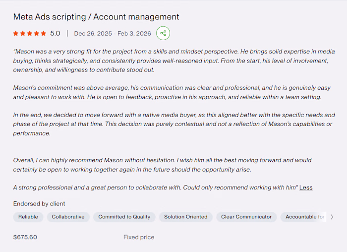 Testimonial from a short project