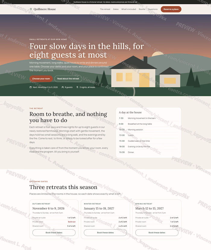 Retreat landing page with room booking (demo)