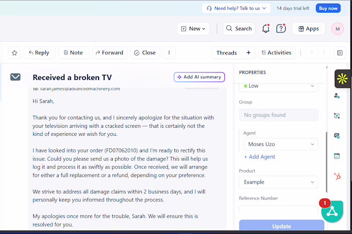 A Freshdesk ticket showing a