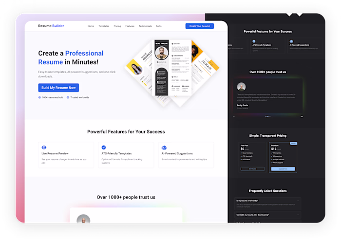 Light-Mode & Dark Mode Resume Builder Landing Page