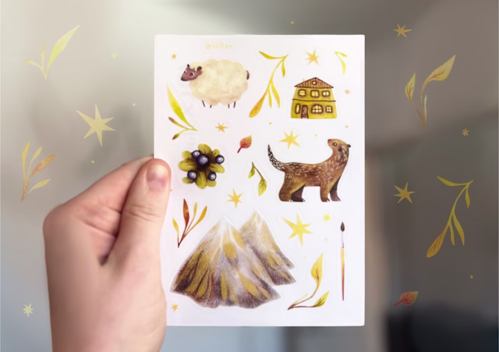 Warm Nature Sticker Pack A cozy hand-drawn sticker sheet fea...