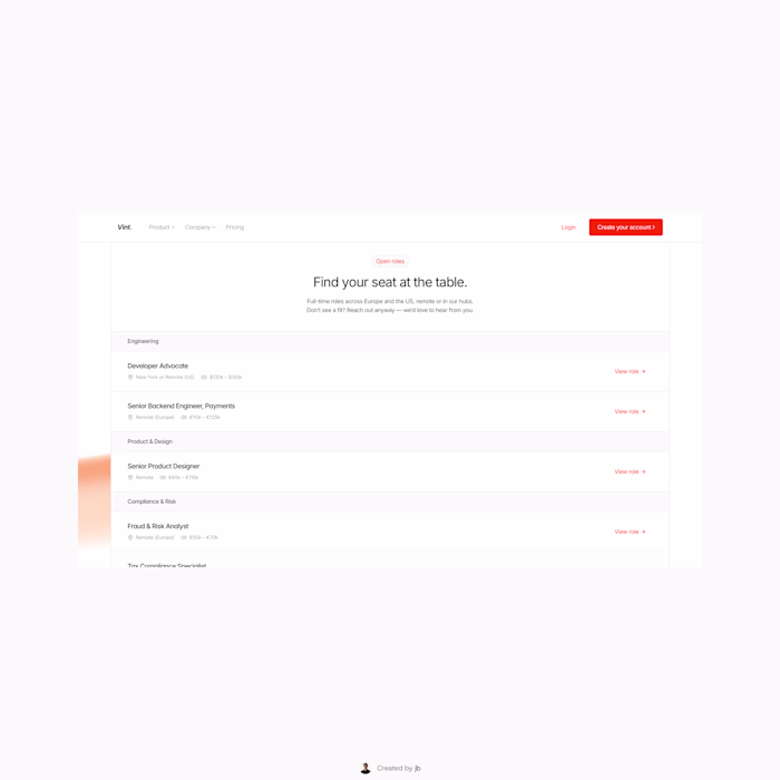 Career page from Vint (https://vint.framer.website)