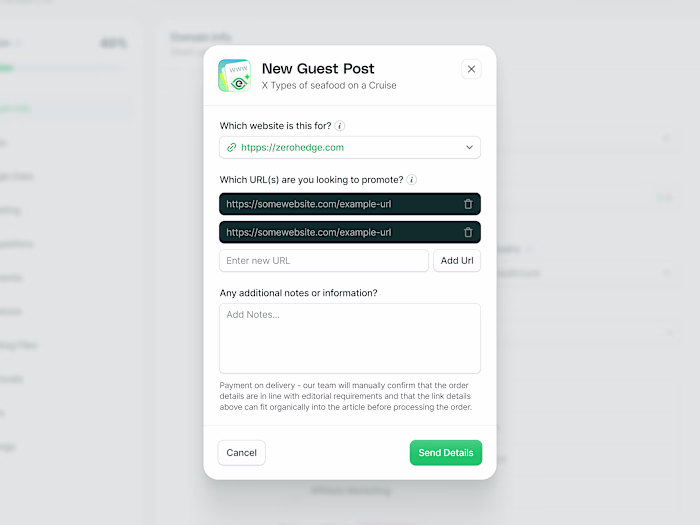 Order content modal for a SEO Platform