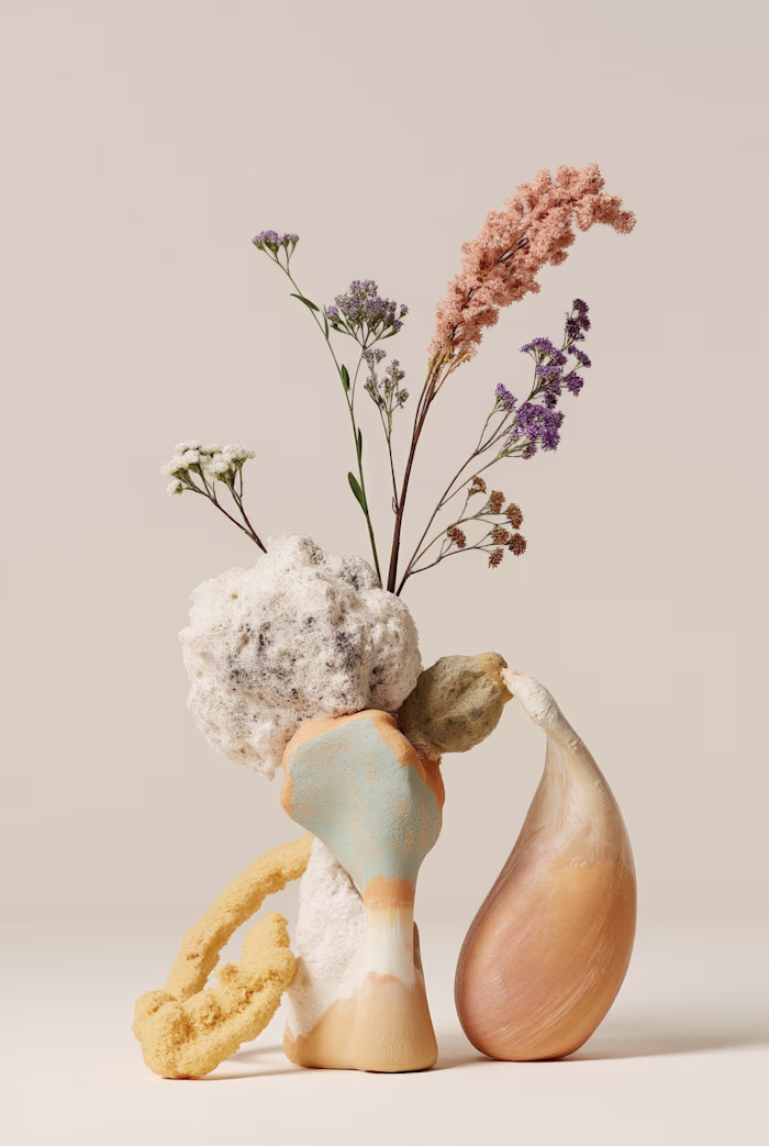 Colorful abstract shapes from Cinema 4D mixed with flowers a...