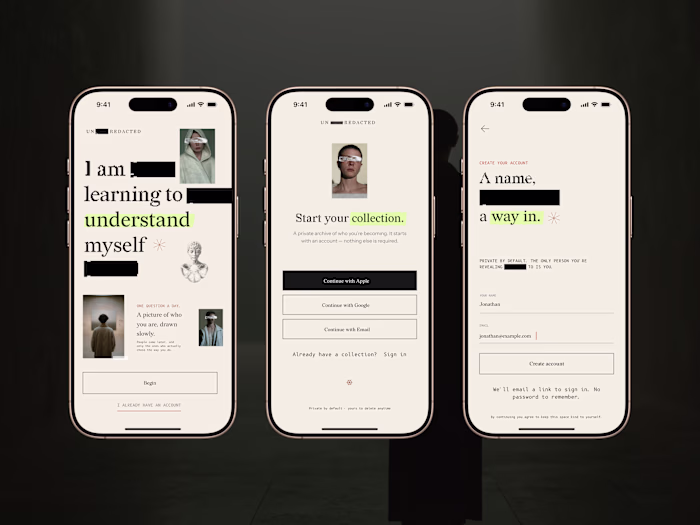 Screens for mood to art generation app.