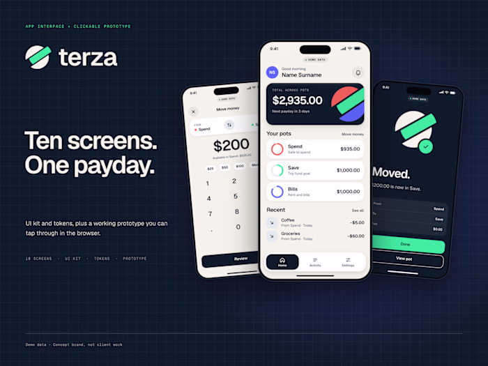 Terza: Fintech Brand Identity Plus a Working 10-Screen App