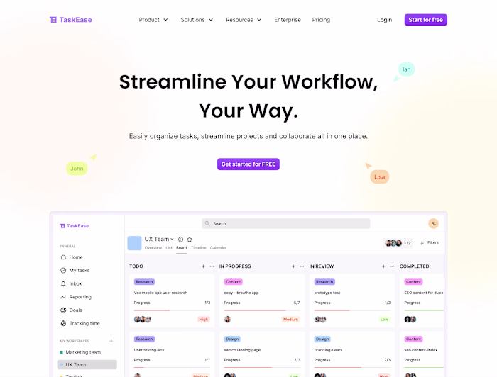 Task management tool landing page
