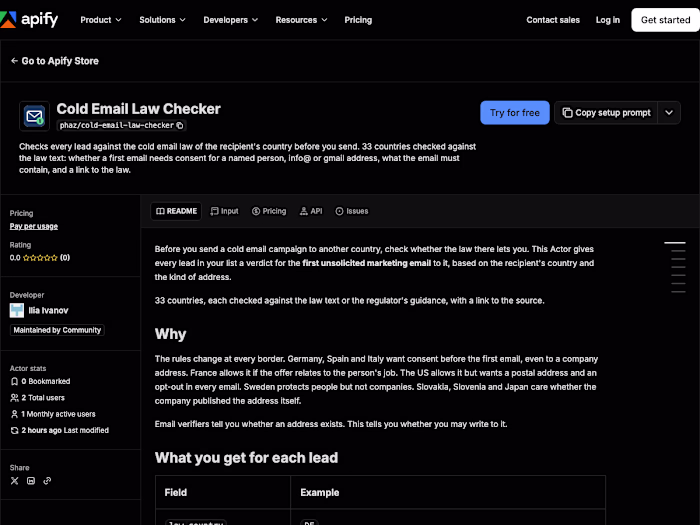 Cold Email Law Checker: an Apify Actor for lead lists