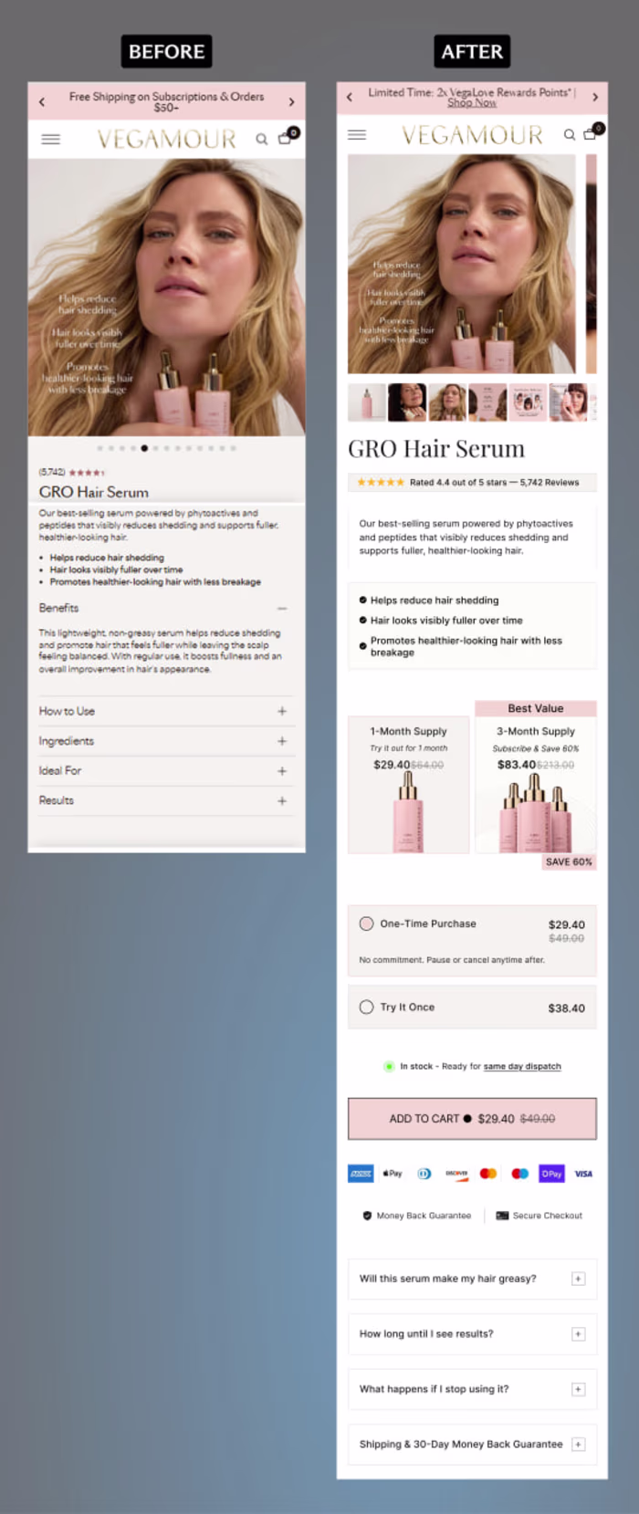 Before and after design VEGAMOUR