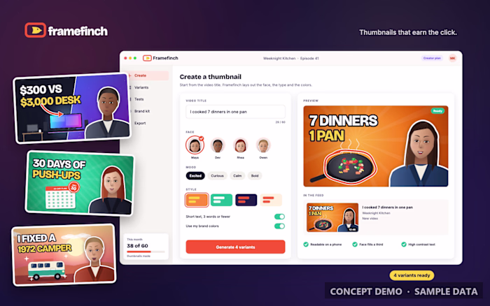 Thumbnail app launch visuals: site images, demo, animations