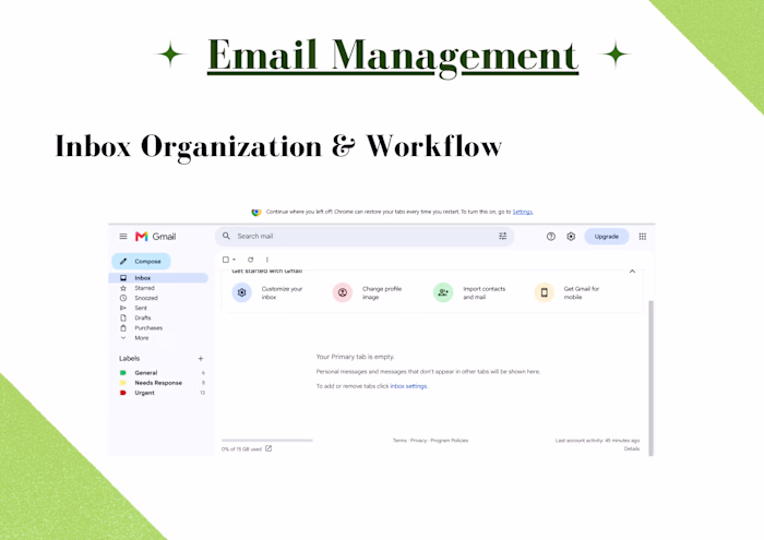 Organized Email inbox and Created labels
