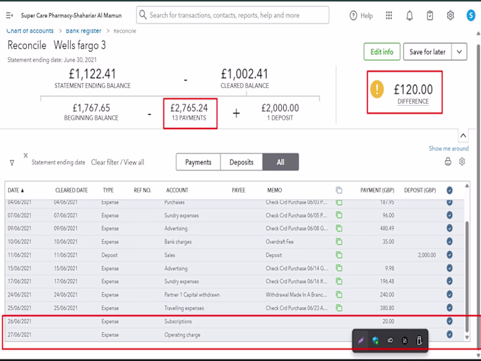 QuickBooks Bank Reconciliation & Difference Investigation