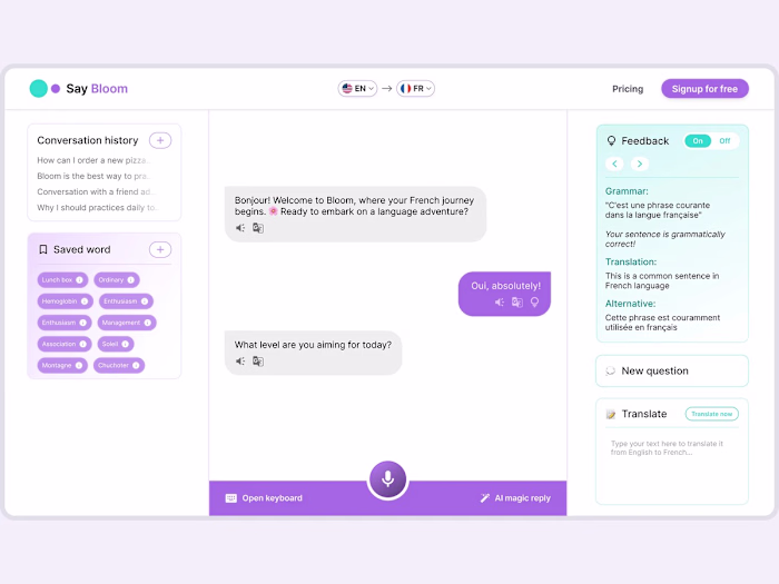 SayBloom: product UI and UX design in Figma