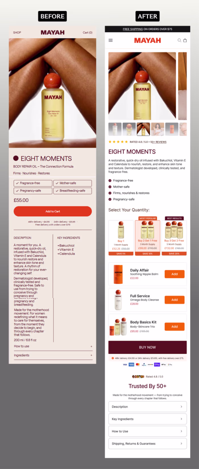 MAYAH Product Page Before &