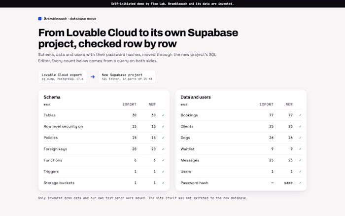 Lovable Cloud to own Supabase, checked row by row (demo)