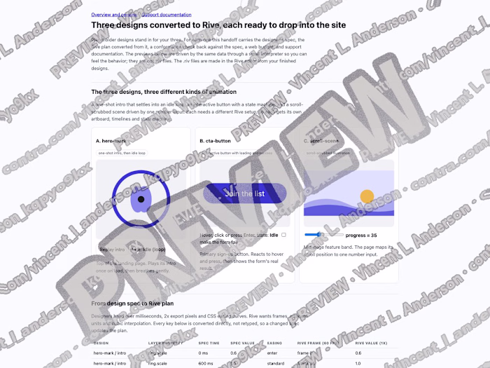 Three designs converted to Rive with handoff