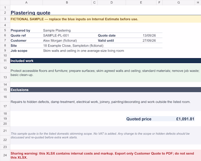 Plastering Quote Workbook — Fictional Sample