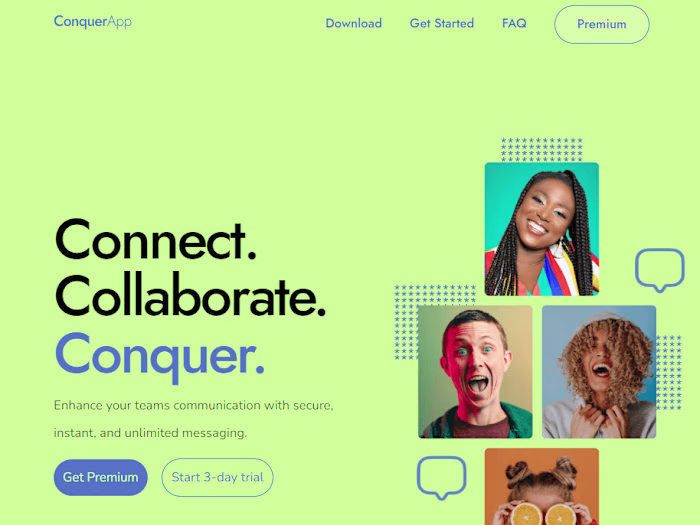 Conquer App - Team chat app portfolio project (Webflow)