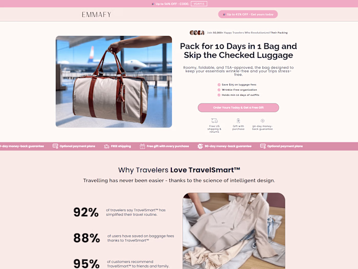Replo Landing Page for a travel bag brand