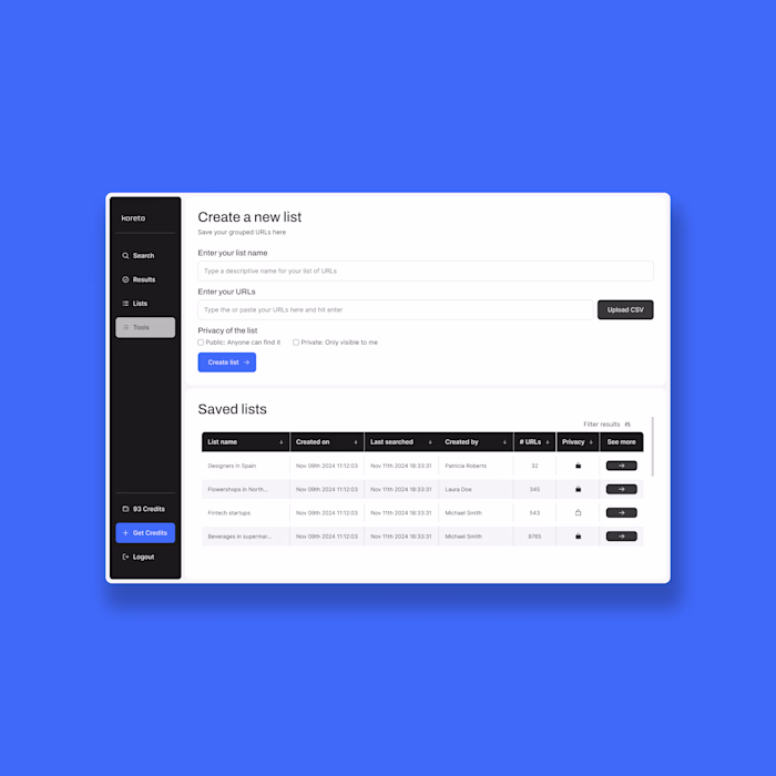 Koreto UI Design - Keyword Research Tool