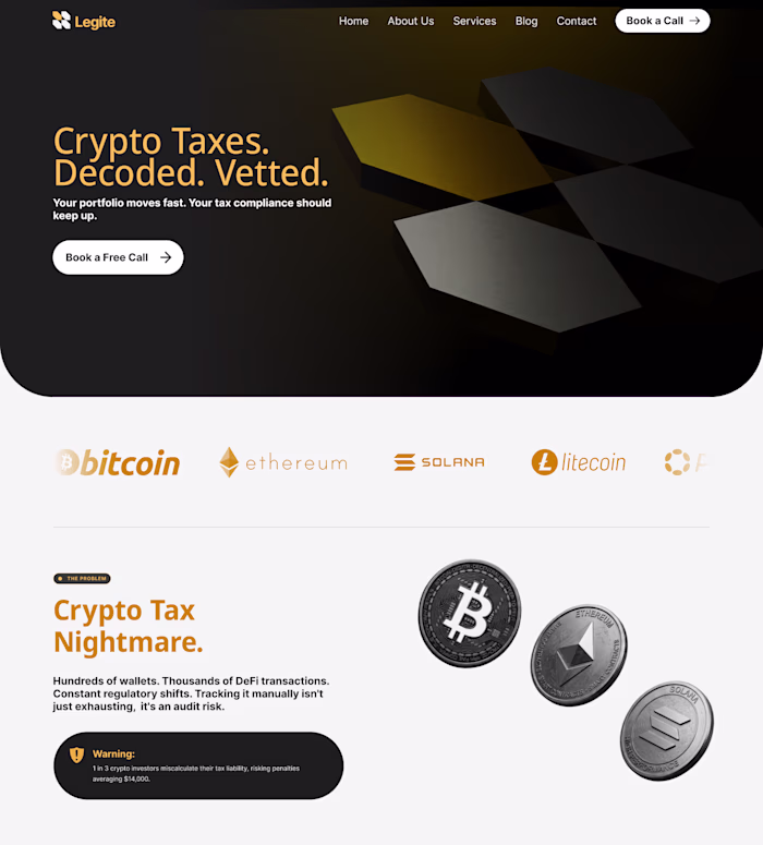 A Legal Crypto landing page, as someone who values white-spa...