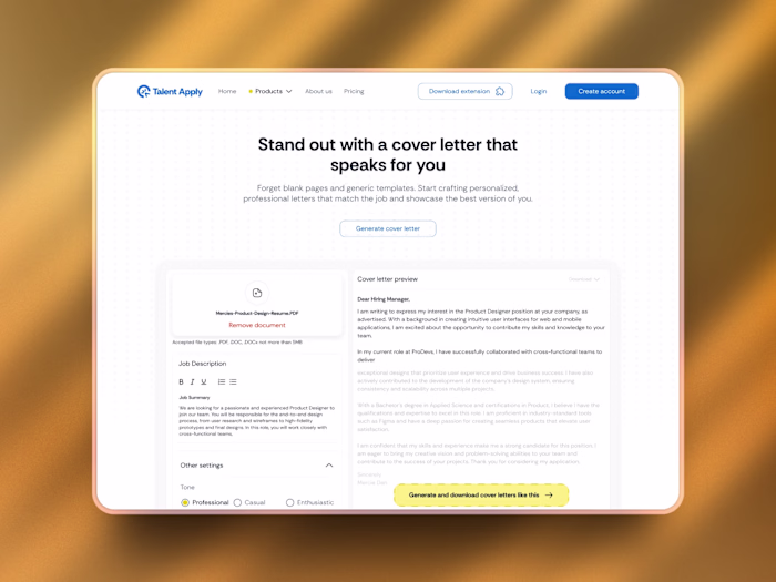 TalentApply AI Agent Interaction, Generate Cover Letter