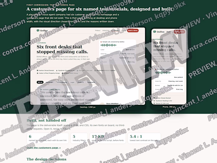 Customers page for six named testimonials, built