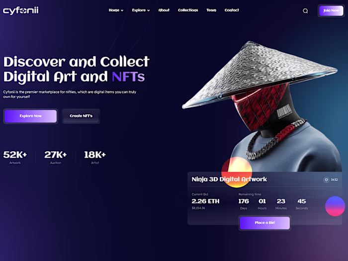 Digital Art NFTS, Landing Page created on Webflow