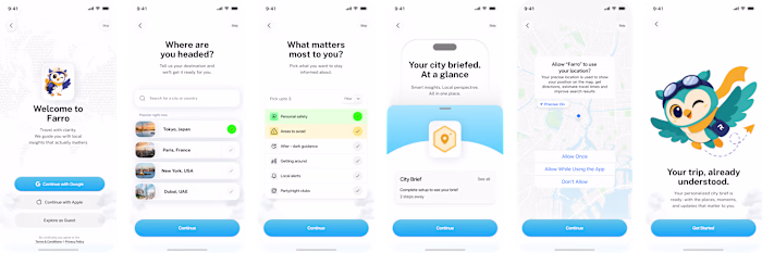 Onboarding screens for Roamwise APP
