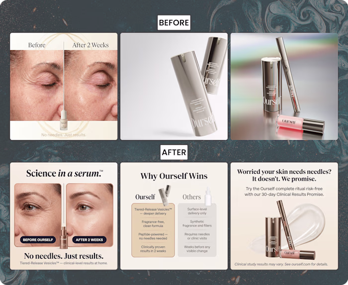 Product images for Ourselves brand, Before and After.