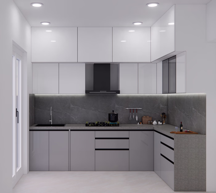 Modern L Shaped Modular Kitchen I White and Grey 3 D Interio...