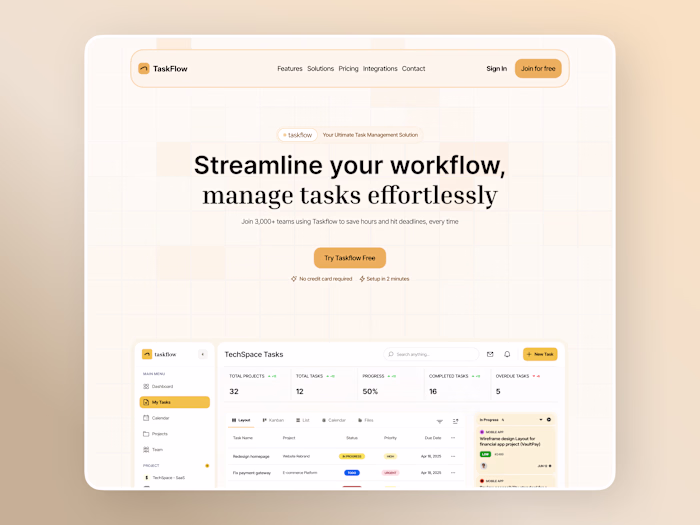 TaskFlow – Landing Page Design for a SaaS Task Manager